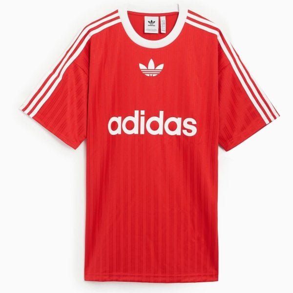 Red Adidas T-shirt with white three stripes on the sleeves and the white trefoil logo on the chest