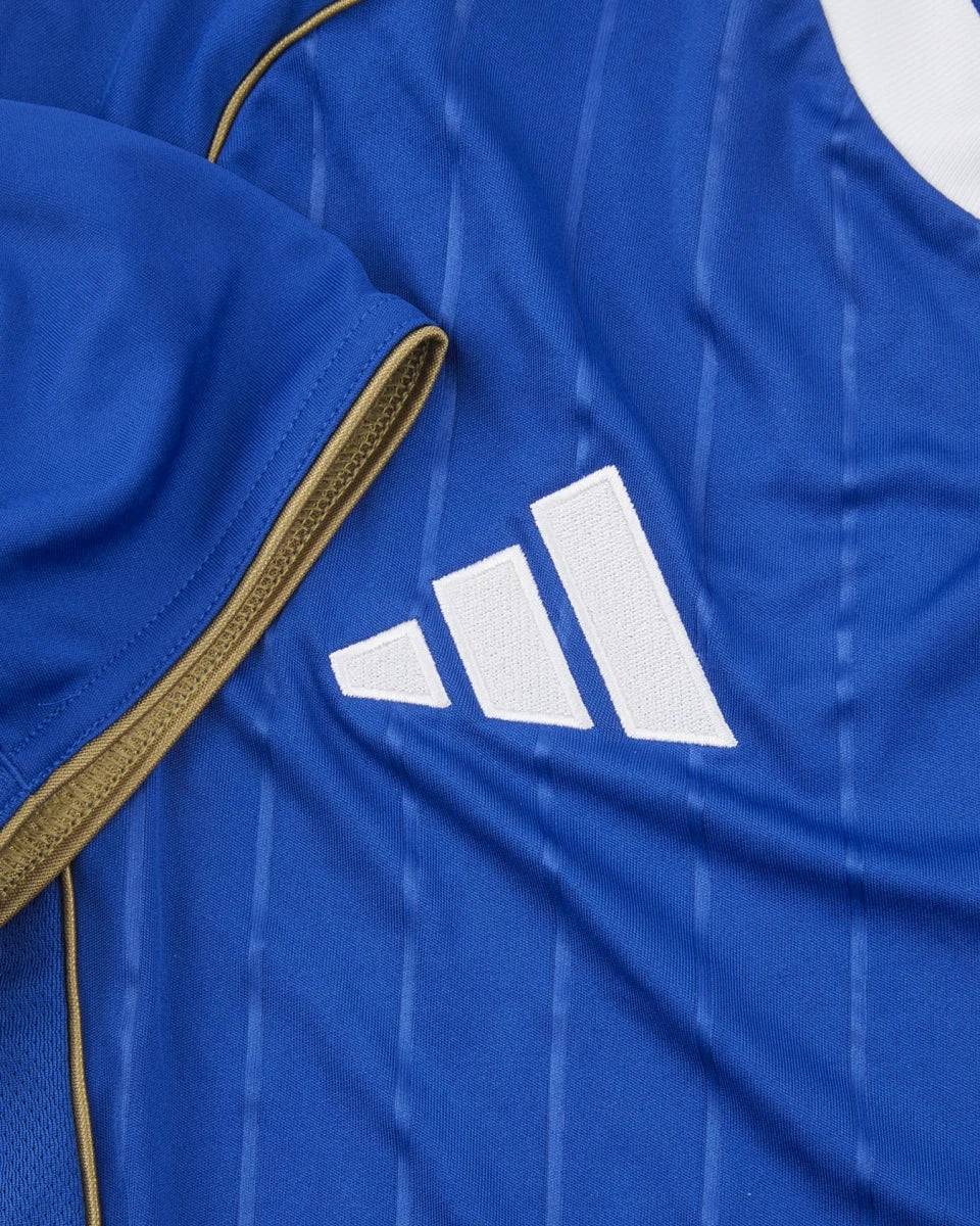 tewdnsdbo54fdz6jcl0o | AE JERSEY Close-up of a blue sports jersey with white Adidas logo (three stripes) and a tan zipper visible on the left.