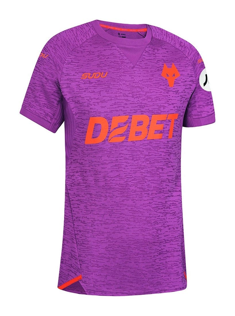 uItU2MdnI75p6VK | AE JERSEY Purple patterned short-sleeve sports jersey with orange DEBET logo and orange wolf crest on the chest.