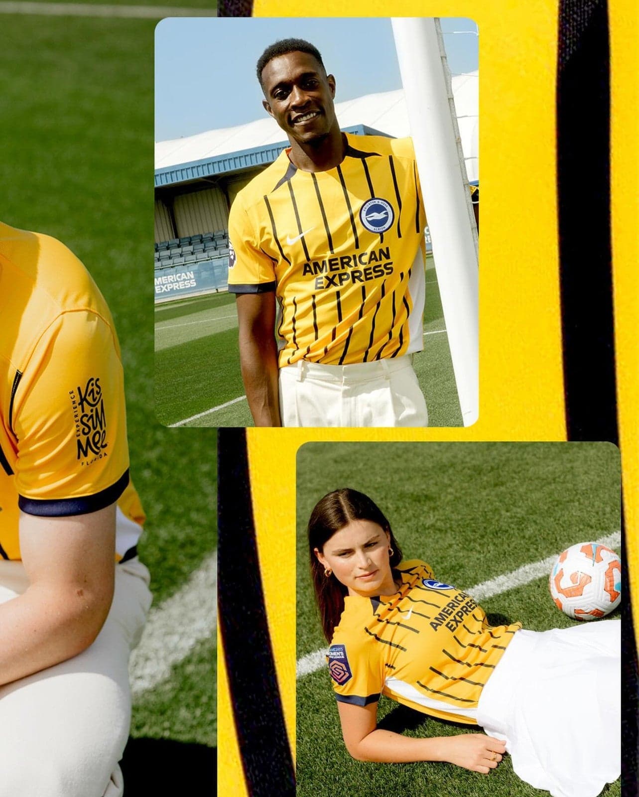 uRBmEwv1hIJYXQv | AE JERSEY Collage of athletes in yellow jerseys on a soccer field, posing near a goalpost with 'American Express' sponsor visible on the shirt