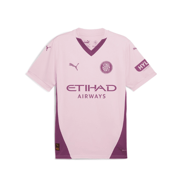 wrtt | AE JERSEY Pink football jersey with purple side panels, featuring Etihad Airways sponsor, Puma logos, and a round team crest on the left chest.