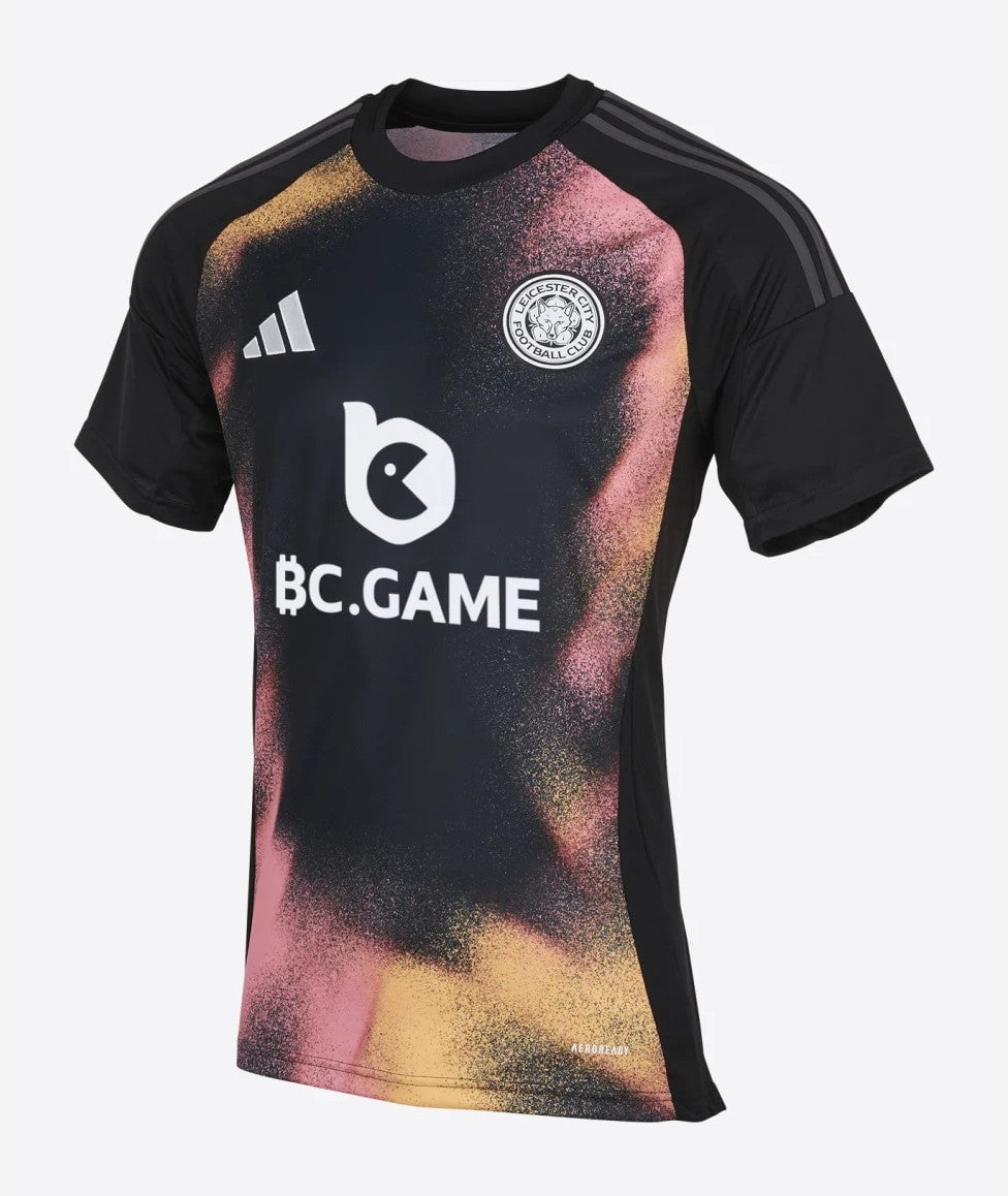 xPvxfbDAUndgKRc | AE JERSEY Leicester City FC training jersey with colorful pink, orange, and navy splatter pattern, featuring sponsor BC.GAME and Adidas stripes on shoulders.