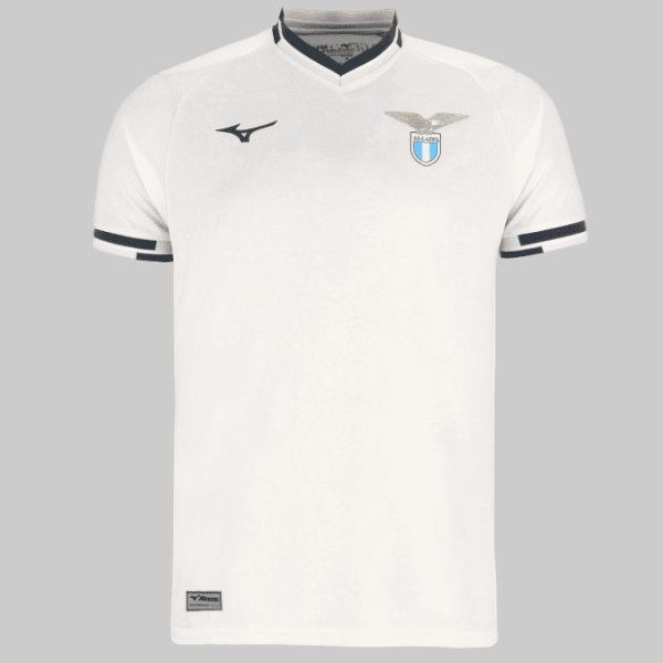 White soccer jersey with dark trim on collar and sleeves, left chest crest with a golden eagle on a blue shield, and a black Mizuno logo on the right chest.