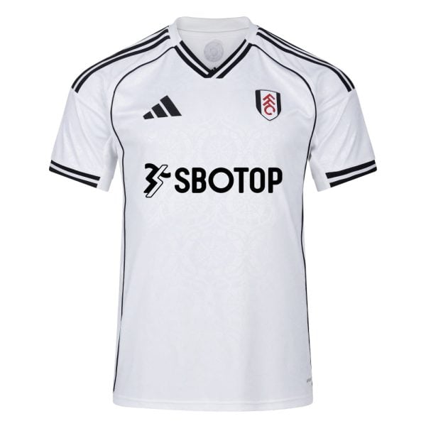 White soccer jersey with black piping along the shoulders and sleeves, crest on the left chest and SBOTOP sponsor logo in the center