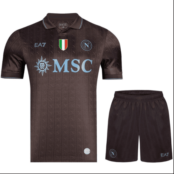 Brown gradient Napoli soccer kit: jersey with MSC sponsor, Italian flag badge, and Napoli crest; matching brown shorts with Napoli emblem and EA7 logo.