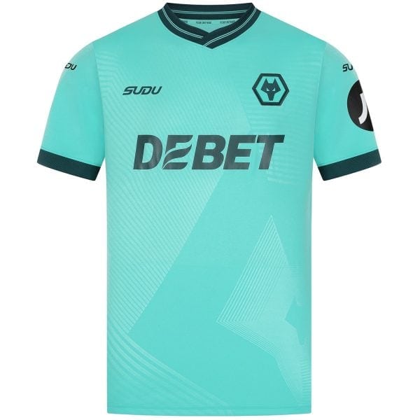 Turquoise sports jersey with a geometric pattern, sponsor text 'DEBET' across the chest, wolf crest on the left chest, and brand logos on sleeves.